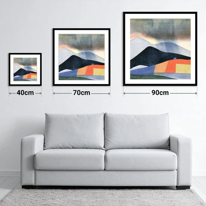 Abstract Fells Under Storm Clouds - size guide showing 40cm, 70cm and 90cm art prints