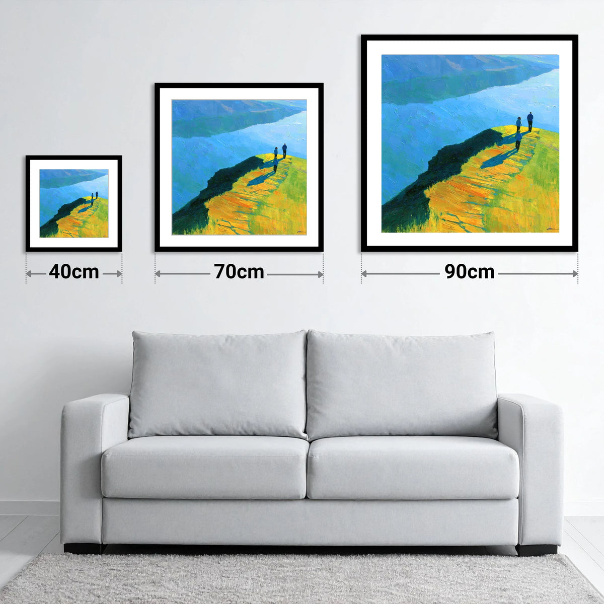 Radiant Ridge Walk Overlooking Blue Lake - size guide showing 40cm, 70cm and 90cm art prints