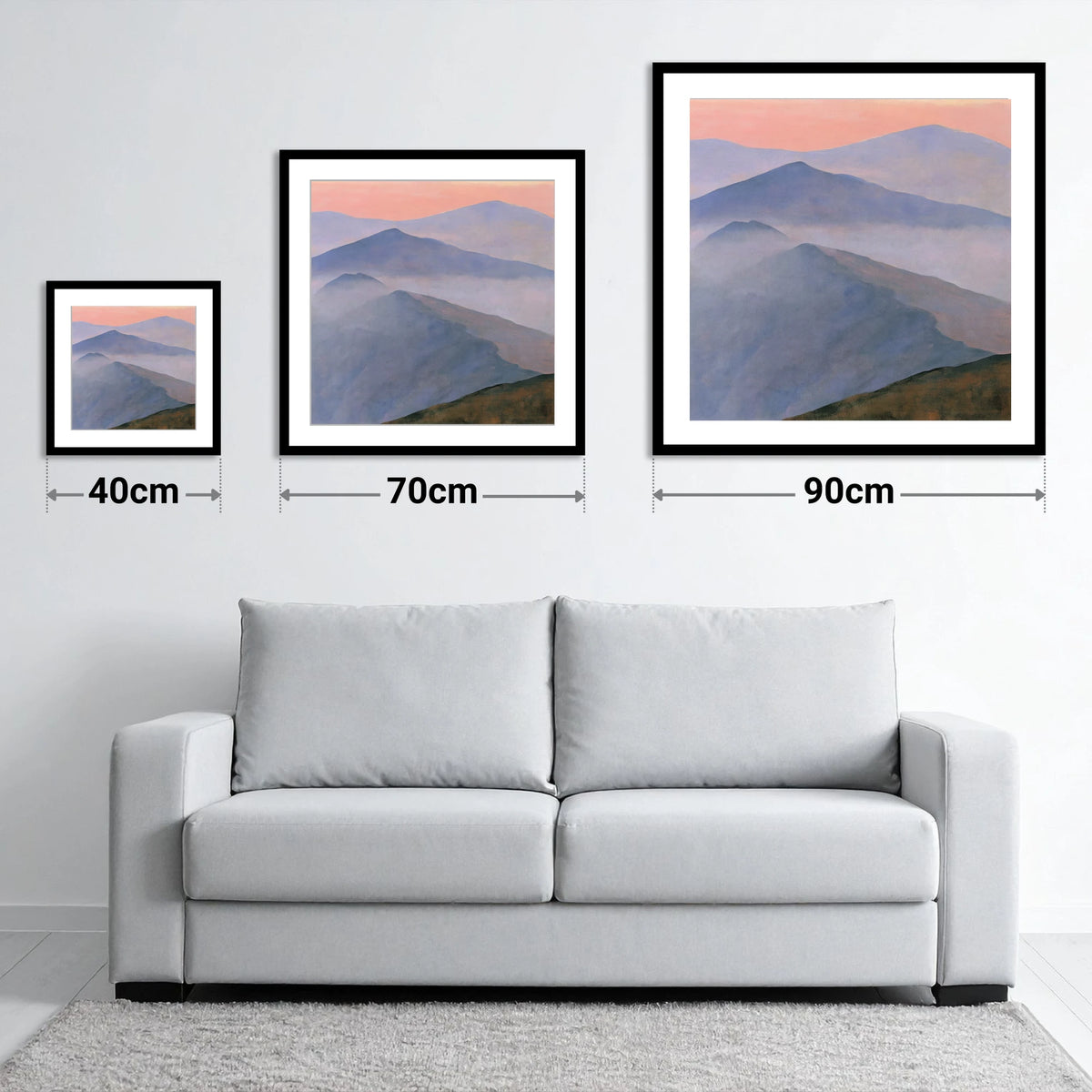 Misty Mountain Ridge in Pastel Light - size guide showing 40cm, 70cm and 90cm art prints