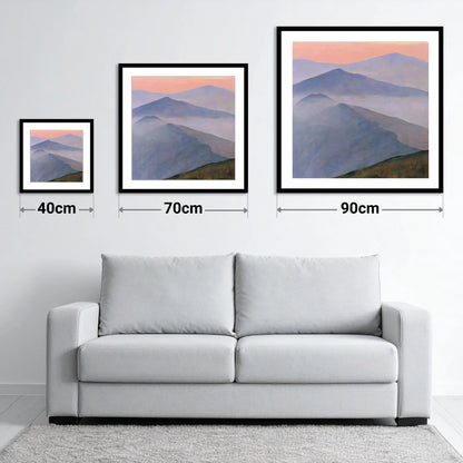 Misty Mountain Ridge in Pastel Light - size guide showing 40cm, 70cm and 90cm art prints