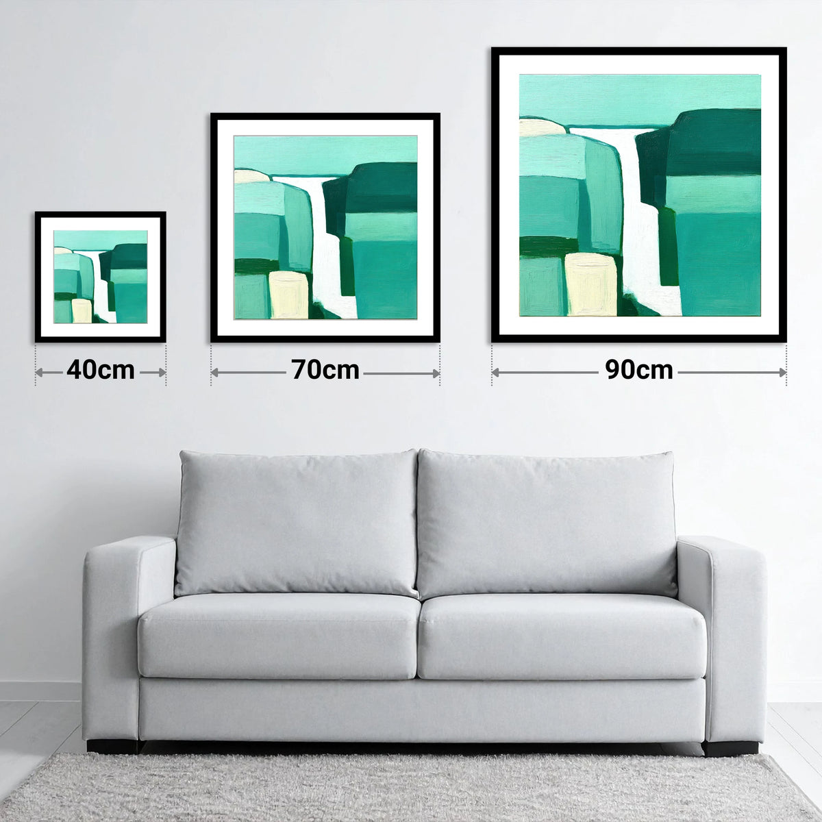 Geometric Teal Waterfall Cascade - size guide showing 40cm, 70cm and 90cm art prints