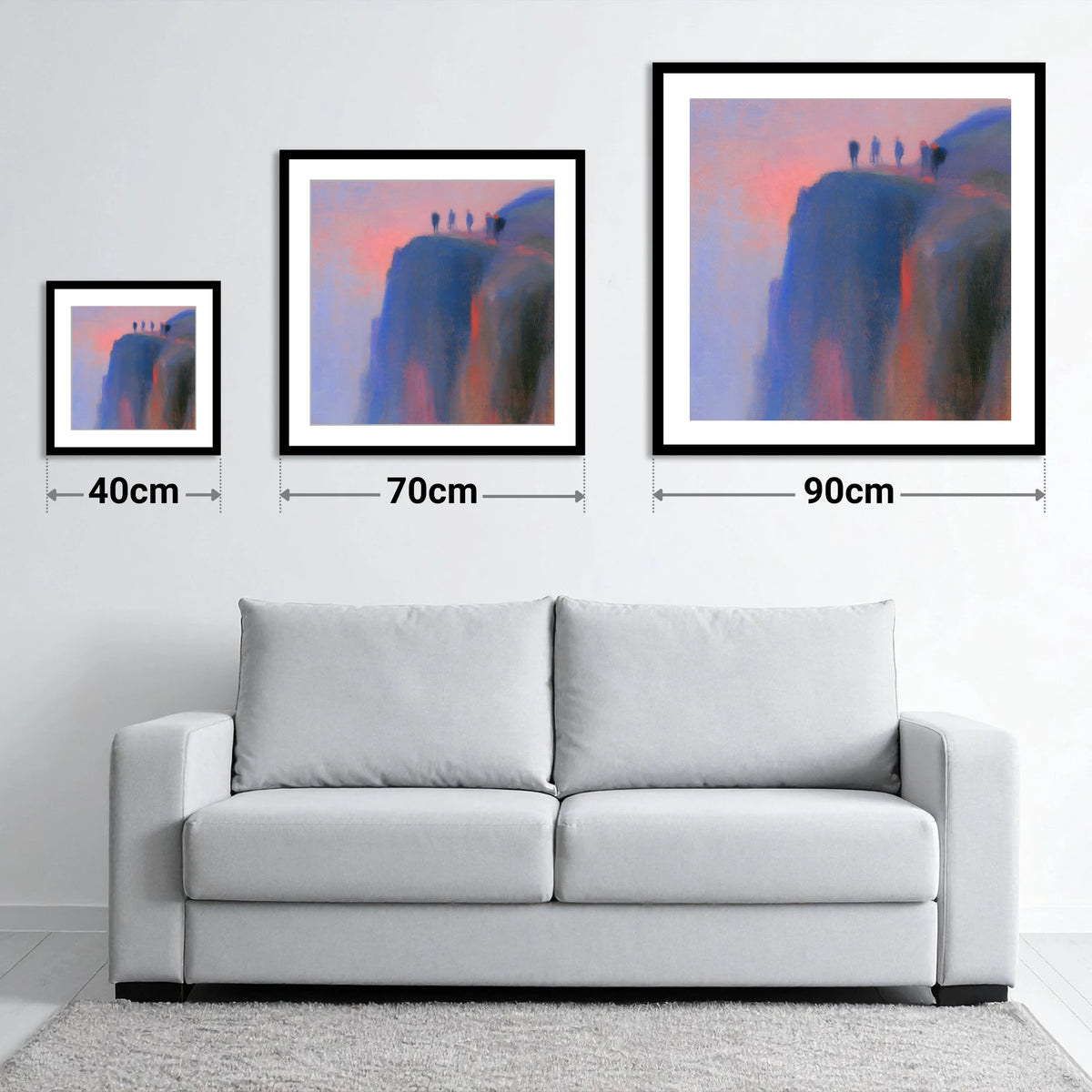 Climbers on a Twilight Crag - size guide showing 40cm, 70cm and 90cm art prints