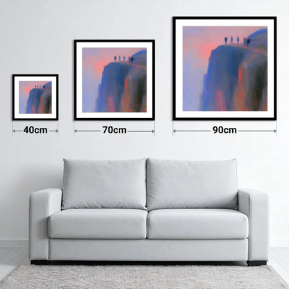 Climbers on a Twilight Crag - size guide showing 40cm, 70cm and 90cm art prints