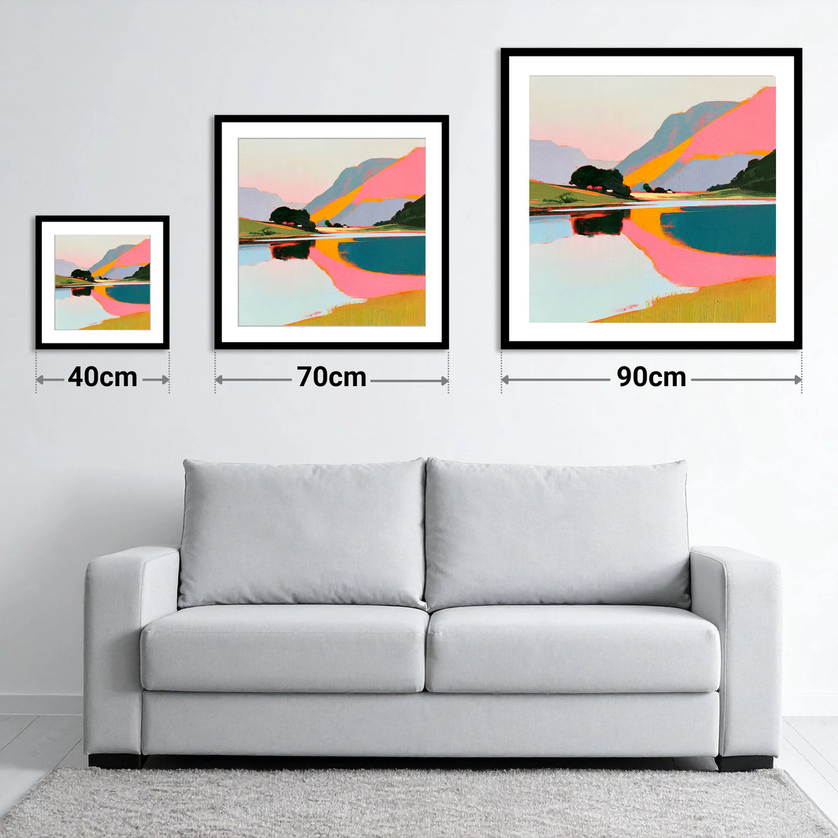 Vibrant Pink Lake At Dawn - size guide showing 40cm, 70cm and 90cm art prints