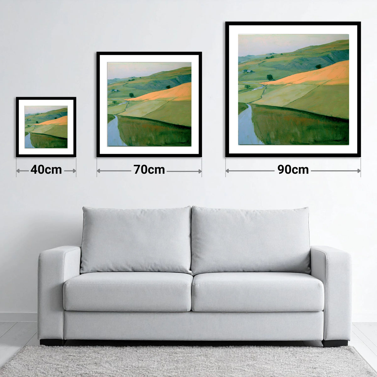 Evening Sun Across Lakeland Fells - size guide showing 40cm, 70cm and 90cm art prints