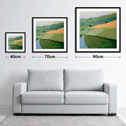 Evening Sun Across Lakeland Fells - size guide showing 40cm, 70cm and 90cm art prints