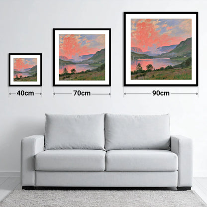 Coral Sunset Over The Lake - size guide showing 40cm, 70cm and 90cm art prints