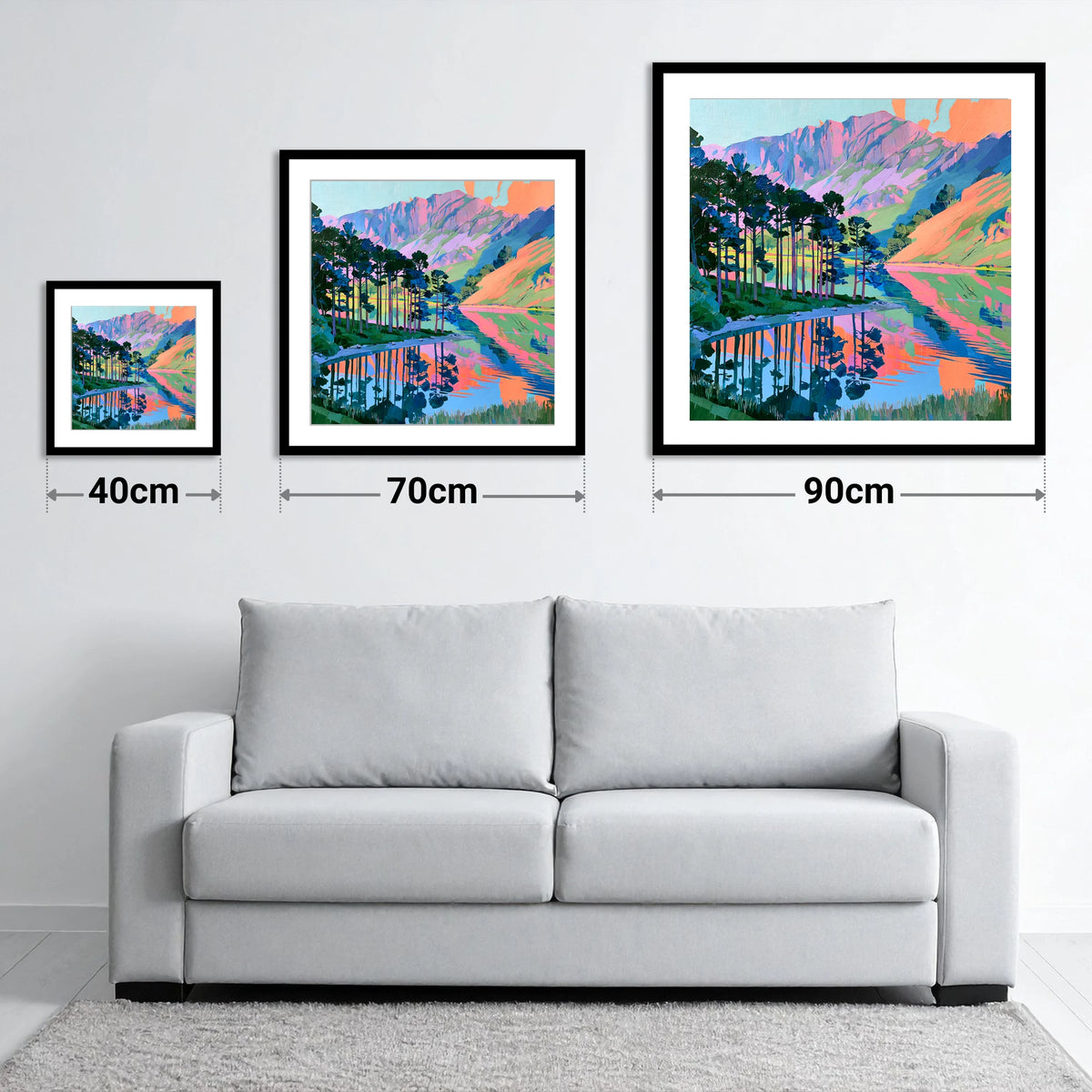 Vibrant Buttermere Scots Pines - size guide showing 40cm, 70cm and 90cm art prints