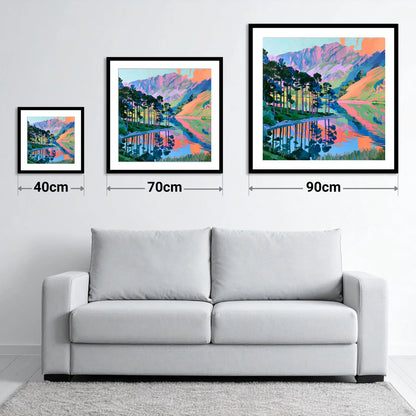 Vibrant Buttermere Scots Pines - size guide showing 40cm, 70cm and 90cm art prints