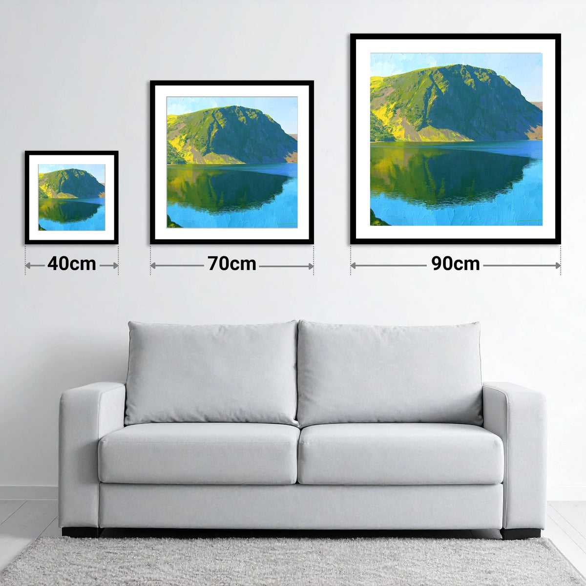 Vibrant Crag Fell Lake Reflection - size guide showing 40cm, 70cm and 90cm art prints