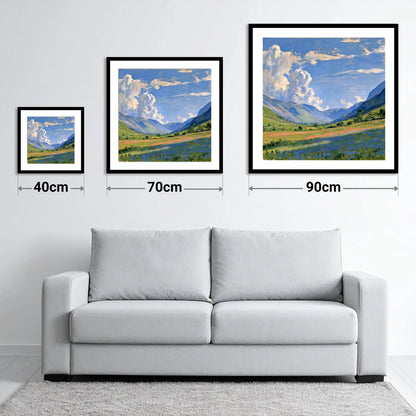 Sunlit Valley Under Billowing Clouds - size guide showing 40cm, 70cm and 90cm art prints