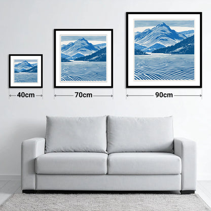 Catbells in Cobalt Blue - size guide showing 40cm, 70cm and 90cm art prints