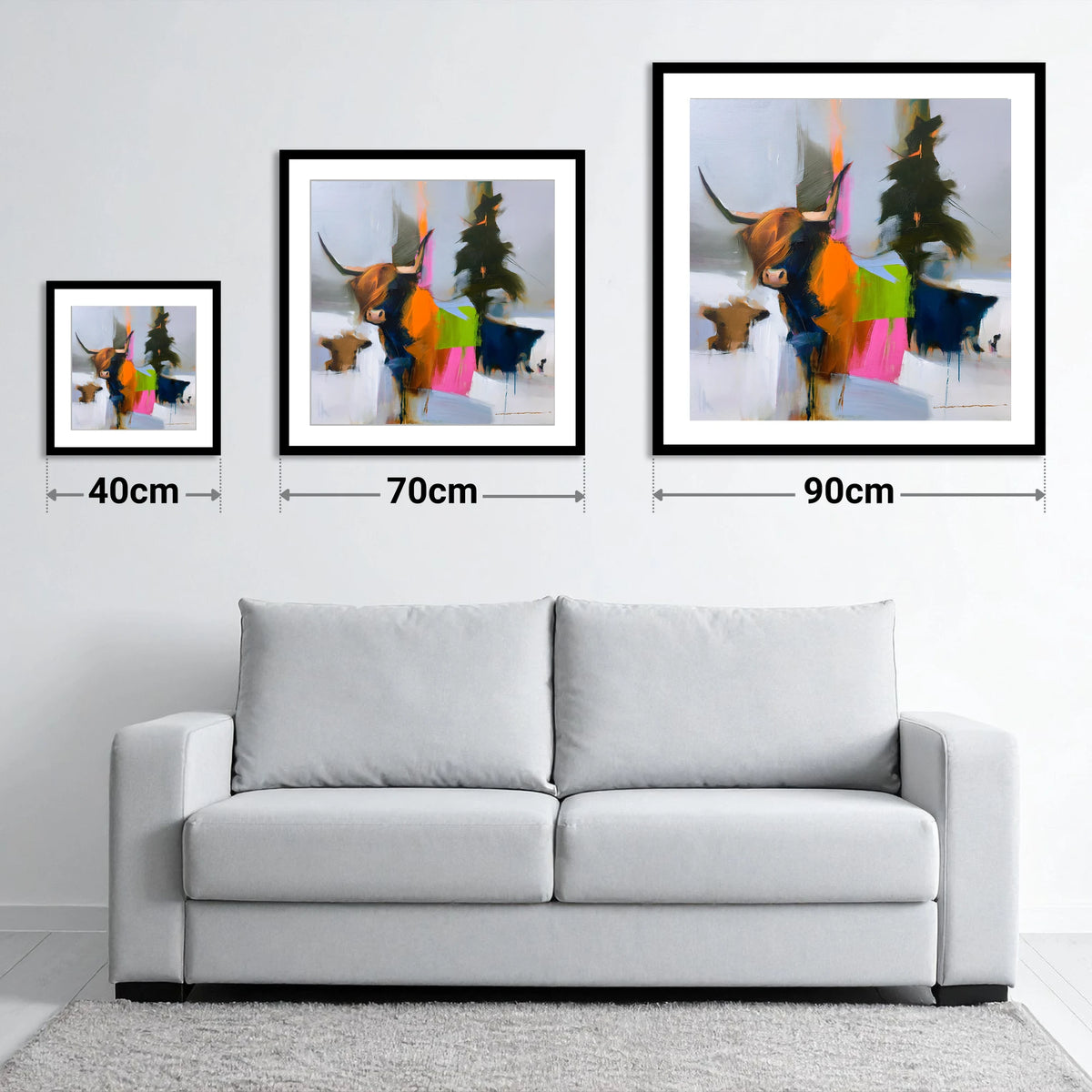 Highland Cow in Vibrant Colour - size guide showing 40cm, 70cm and 90cm art prints