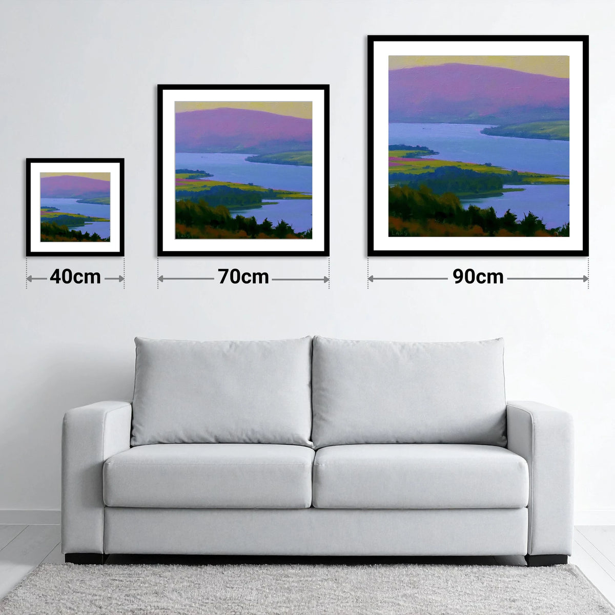 Vibrant Fells Above Bassenthwaite Lake - size guide showing 40cm, 70cm and 90cm art prints