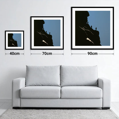 Silhouetted Climbers on a Crag - size guide showing 40cm, 70cm and 90cm art prints