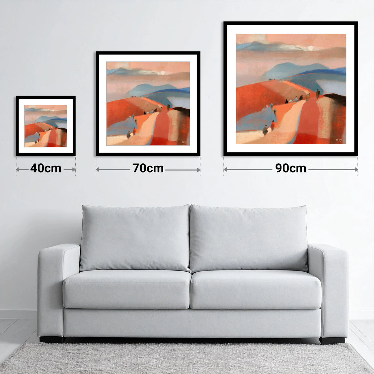 Walkers on a Sunset Mountain Path - size guide showing 40cm, 70cm and 90cm art prints