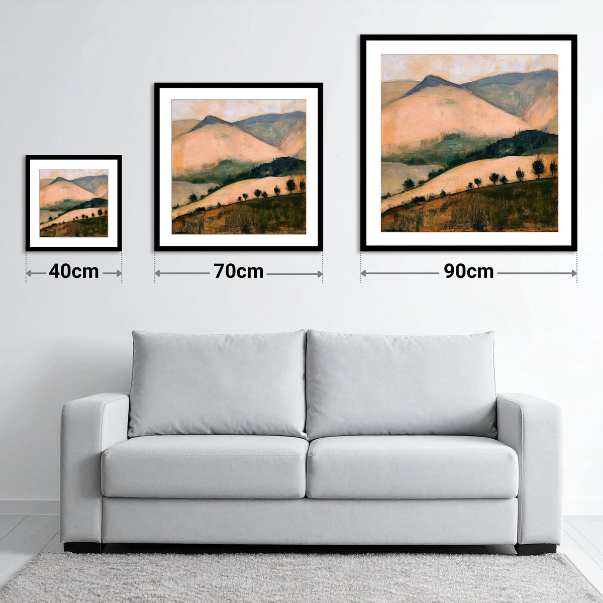 Sunlit Fells from the Summit - size guide showing 40cm, 70cm and 90cm art prints