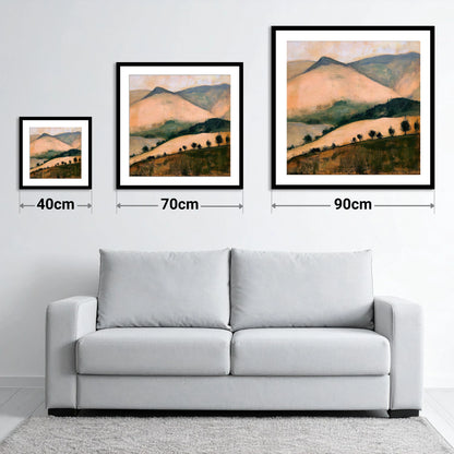 Sunlit Fells from the Summit - size guide showing 40cm, 70cm and 90cm art prints