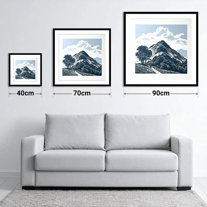 Catbells Fell in Deep Navy - size guide showing 40cm, 70cm and 90cm art prints