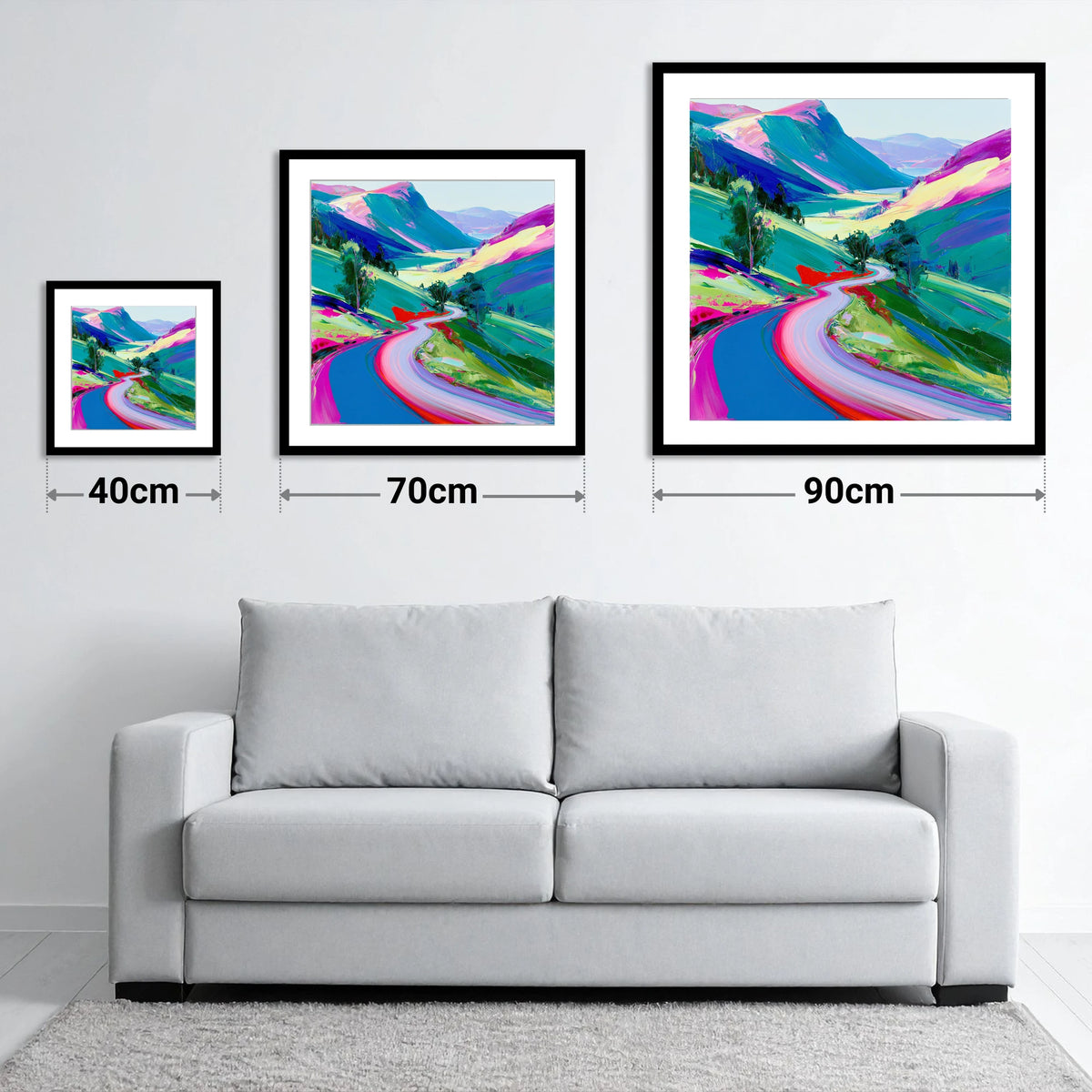Vivid Winding Mountain Pass - size guide showing 40cm, 70cm and 90cm art prints