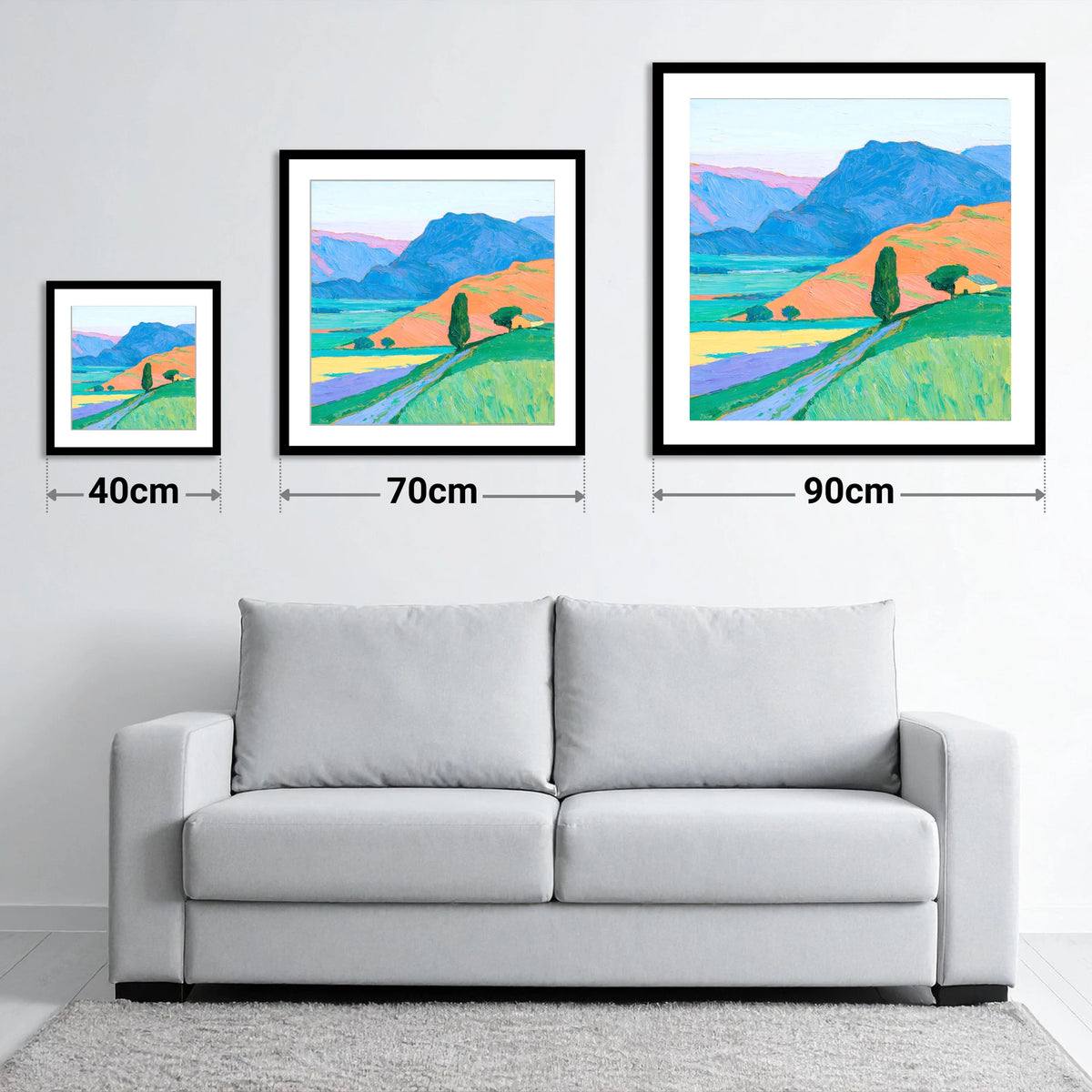 Golden Evening Light on Fells - size guide showing 40cm, 70cm and 90cm art prints