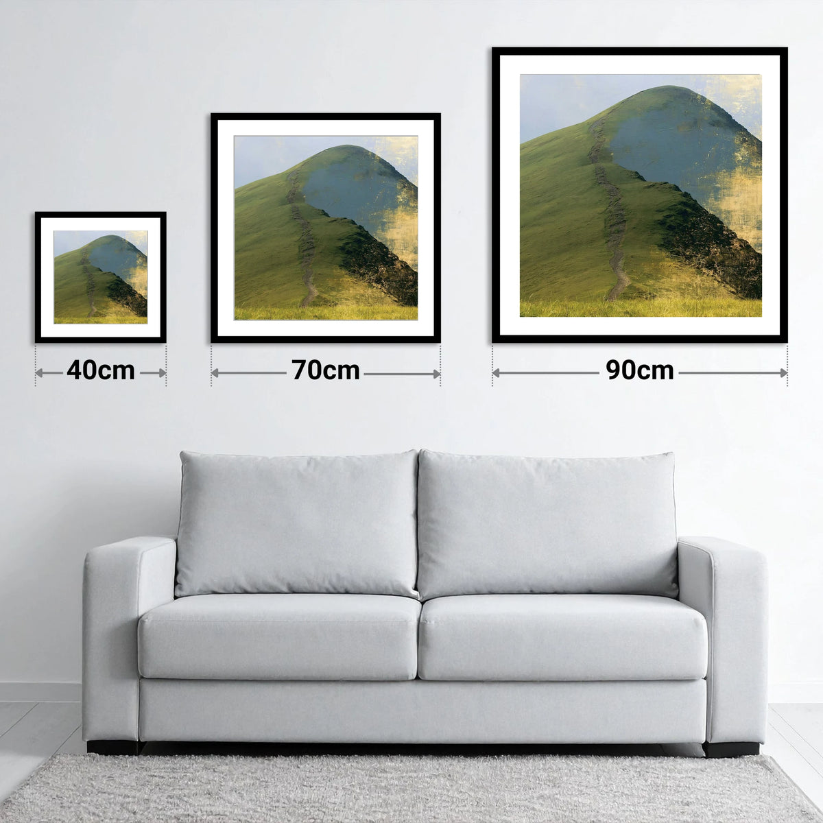 Cat Bells in Burnished Gold - size guide showing 40cm, 70cm and 90cm art prints