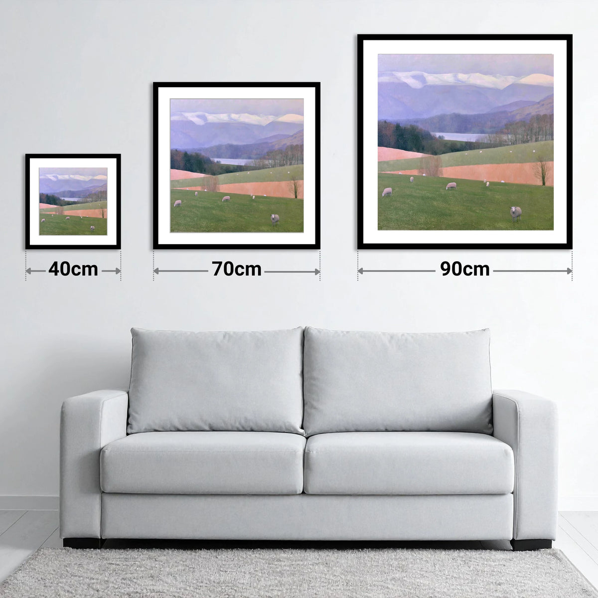 Hawkshead Pastures and Snowy Fells - size guide showing 40cm, 70cm and 90cm art prints