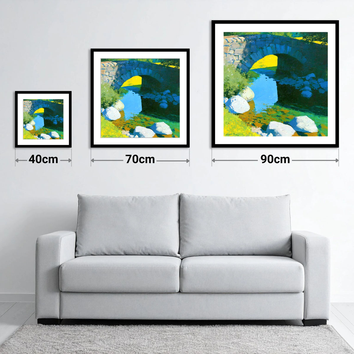 Vibrant Stone Bridge over Sunlit Beck - size guide showing 40cm, 70cm and 90cm art prints