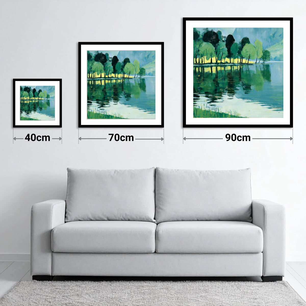 Still Lake Reflections at Dawn - size guide showing 40cm, 70cm and 90cm art prints