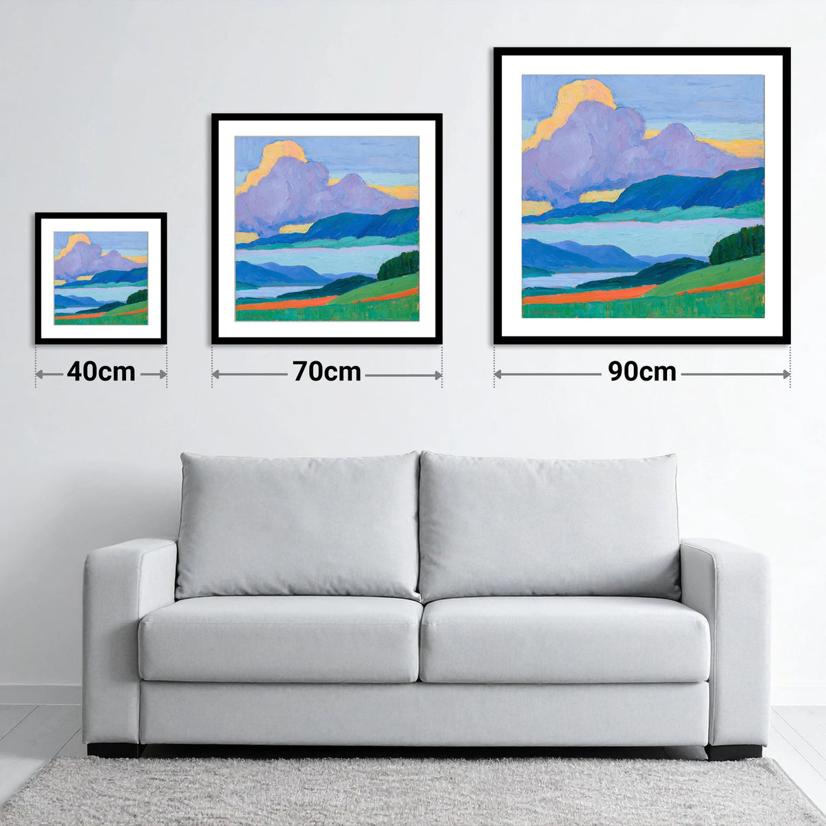 Violet Storm Clouds Over Fells - size guide showing 40cm, 70cm and 90cm art prints