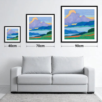 Violet Storm Clouds Over Fells - size guide showing 40cm, 70cm and 90cm art prints