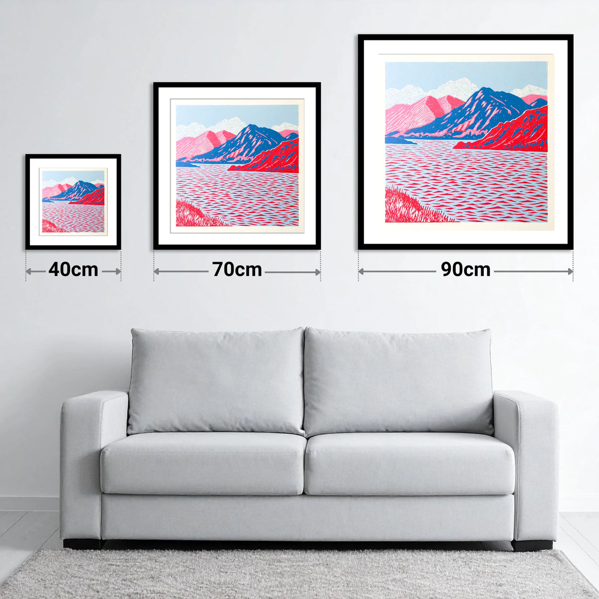 Ullswater in Vivid Red and Blue - size guide showing 40cm, 70cm and 90cm art prints