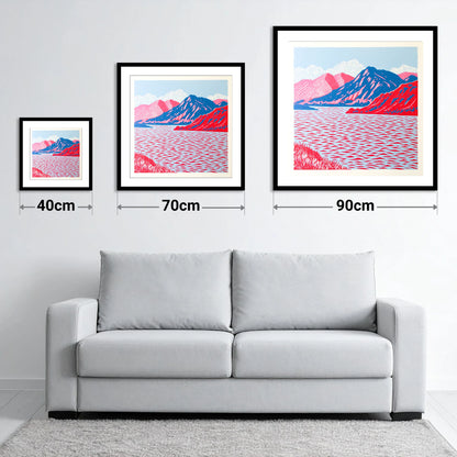 Ullswater in Vivid Red and Blue - size guide showing 40cm, 70cm and 90cm art prints