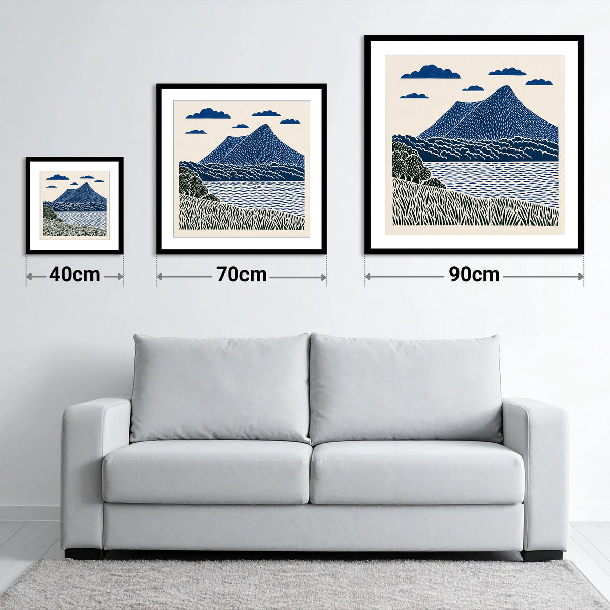 Graphic Navy Catbells Fell - size guide showing 40cm, 70cm and 90cm art prints