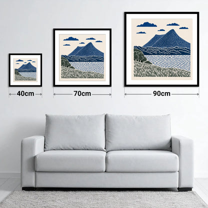 Graphic Navy Catbells Fell - size guide showing 40cm, 70cm and 90cm art prints