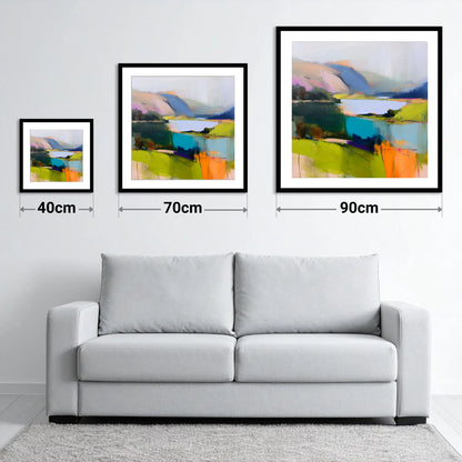 Teal Lake with Magenta Fells - size guide showing 40cm, 70cm and 90cm art prints
