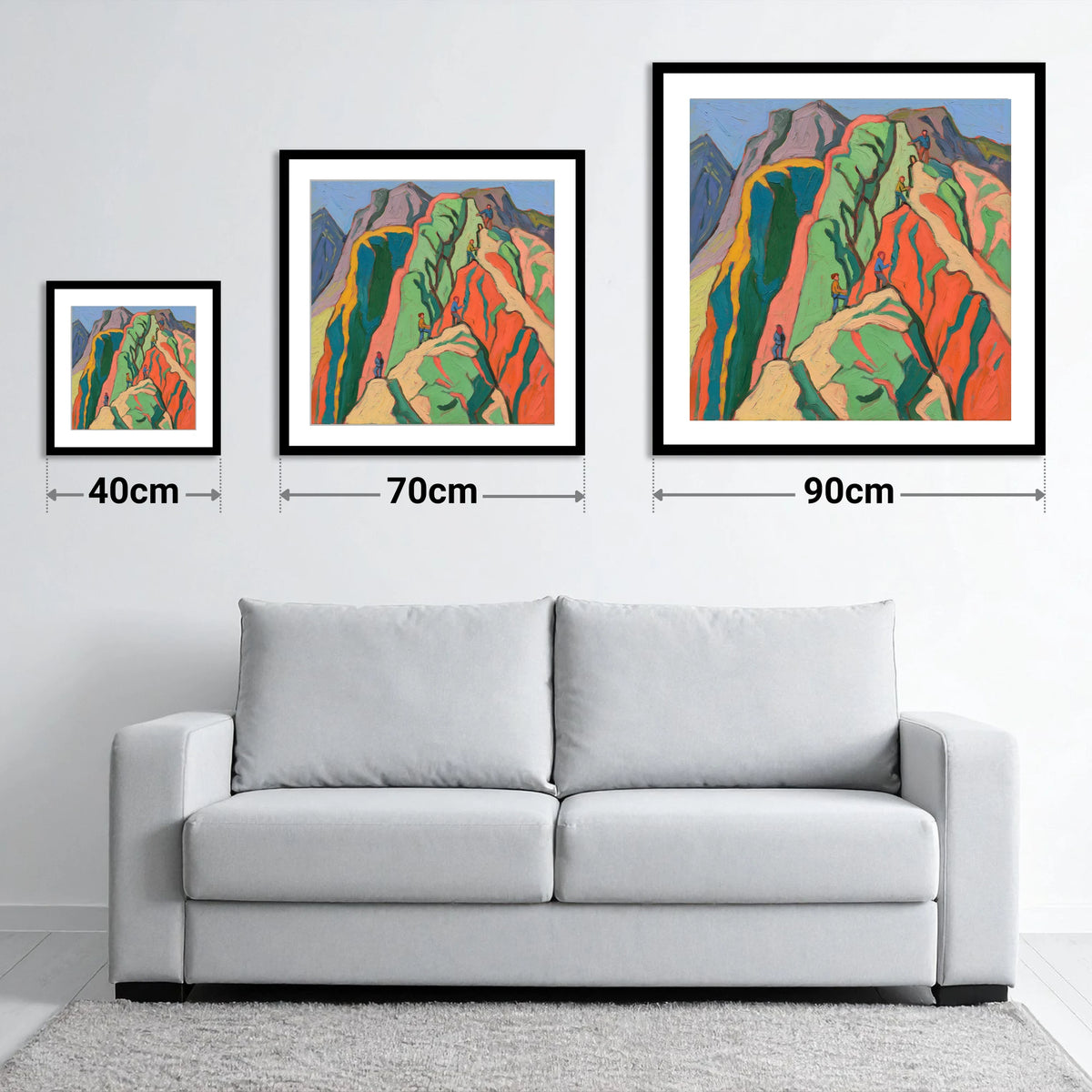 Climbers on a Vivid Crag - size guide showing 40cm, 70cm and 90cm art prints