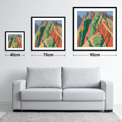 Climbers on a Vivid Crag - size guide showing 40cm, 70cm and 90cm art prints