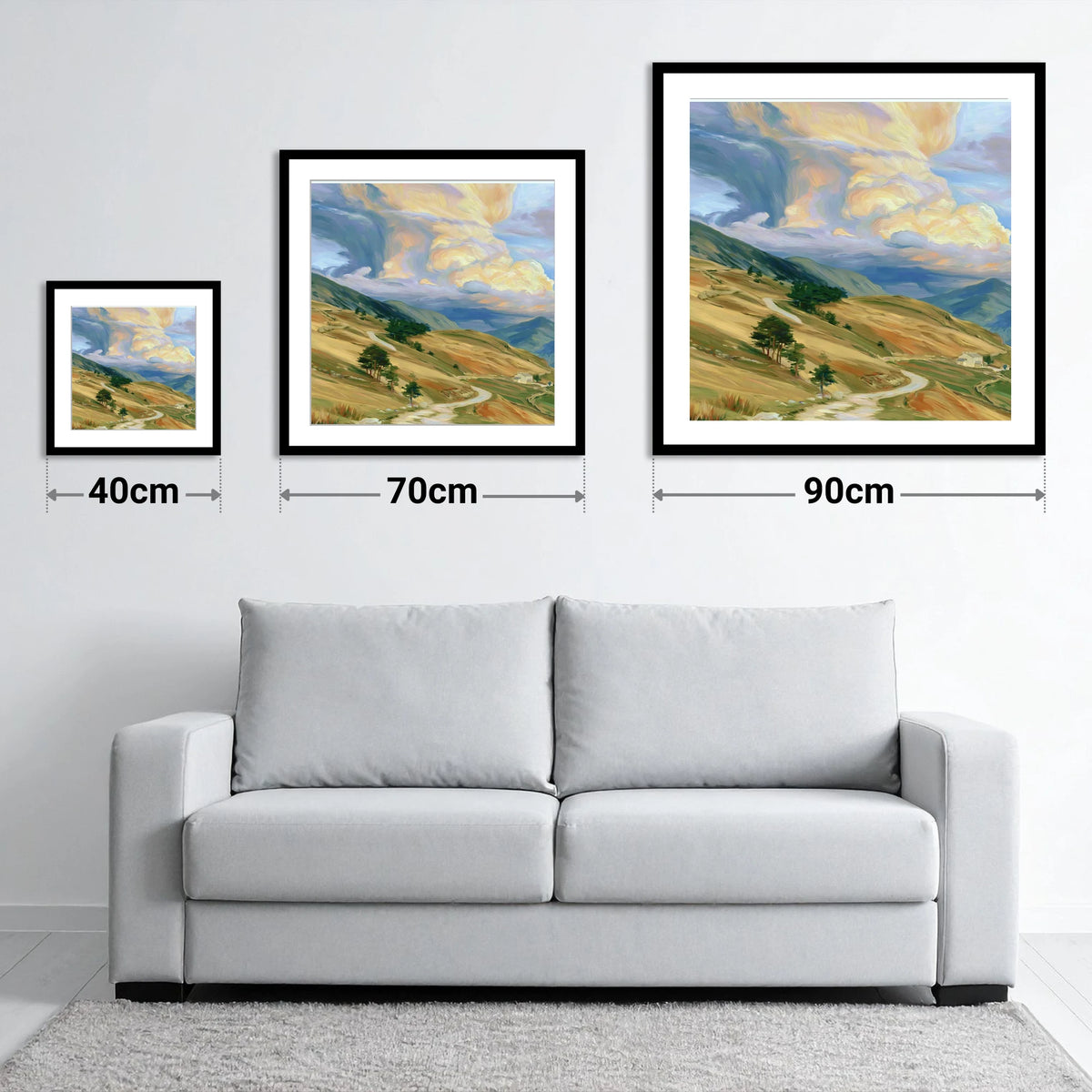 Storm Clouds Over Golden Fells - size guide showing 40cm, 70cm and 90cm art prints