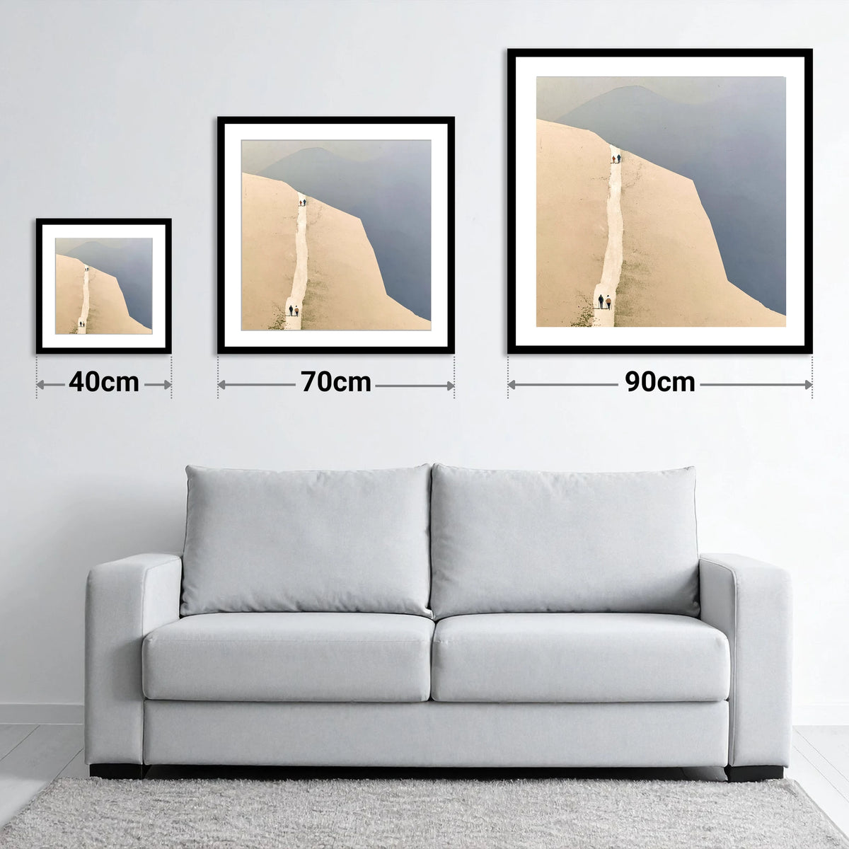Fell Walkers on the Ochre Ridge - size guide showing 40cm, 70cm and 90cm art prints
