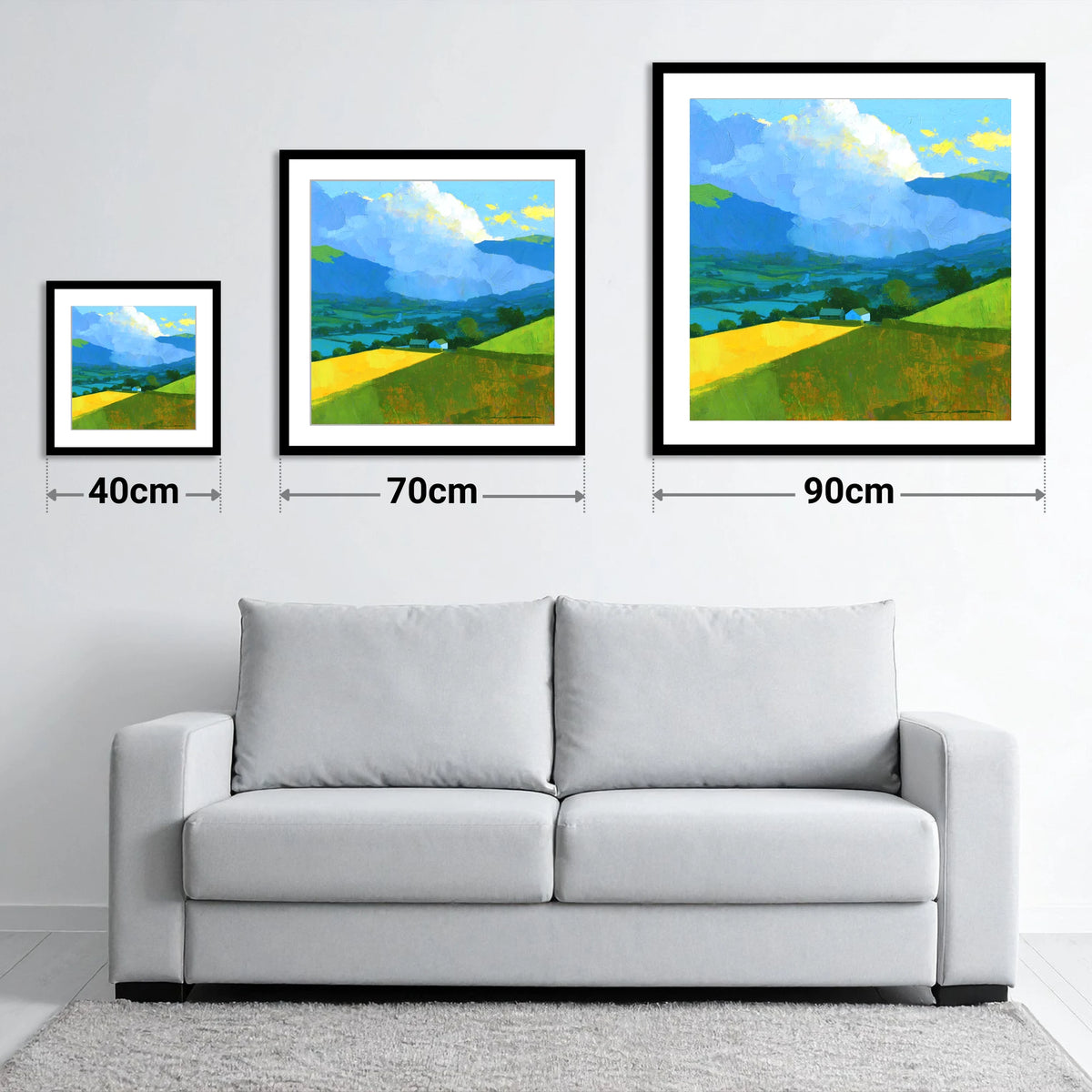 Vibrant Valley Fields and Towering Clouds - size guide showing 40cm, 70cm and 90cm art prints