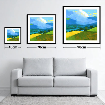 Vibrant Valley Fields and Towering Clouds - size guide showing 40cm, 70cm and 90cm art prints