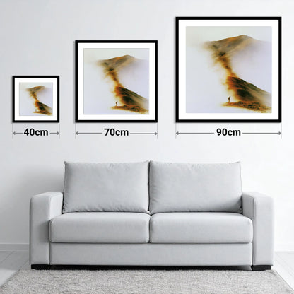 Lone Hiker in Copper Mist - size guide showing 40cm, 70cm and 90cm art prints