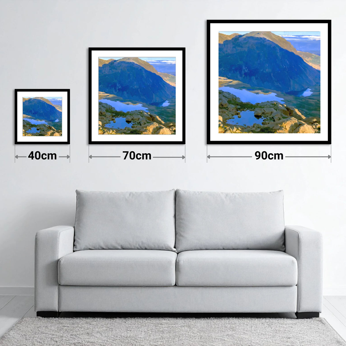 Haystacks Tarn in Deep Shadow - size guide showing 40cm, 70cm and 90cm art prints