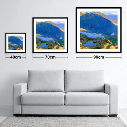 Haystacks Tarn in Deep Shadow - size guide showing 40cm, 70cm and 90cm art prints