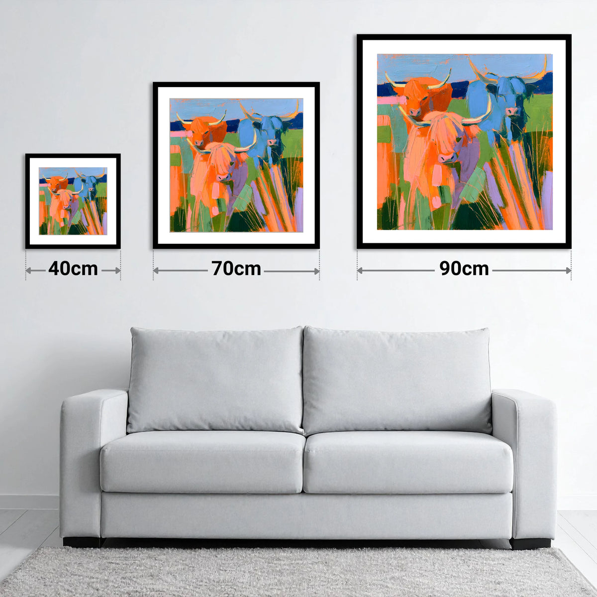 Vibrant Highland Cattle Trio - size guide showing 40cm, 70cm and 90cm art prints
