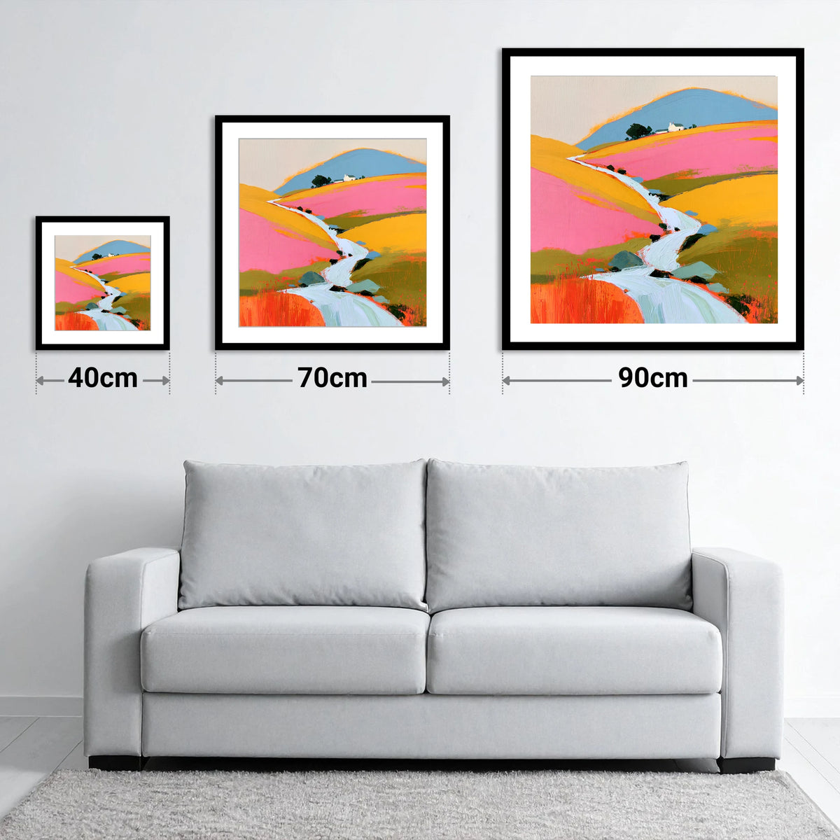 Colourful Fellside Beck and Cottage - size guide showing 40cm, 70cm and 90cm art prints