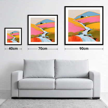 Colourful Fellside Beck and Cottage - size guide showing 40cm, 70cm and 90cm art prints