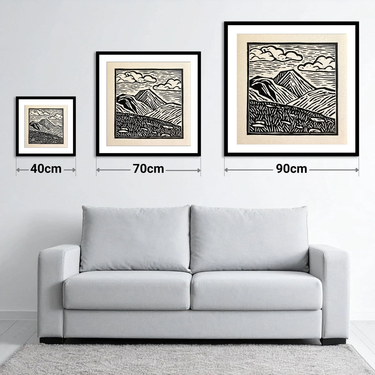 Great Gable In Monochrome - size guide showing 40cm, 70cm and 90cm art prints