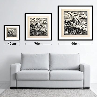 Great Gable In Monochrome - size guide showing 40cm, 70cm and 90cm art prints